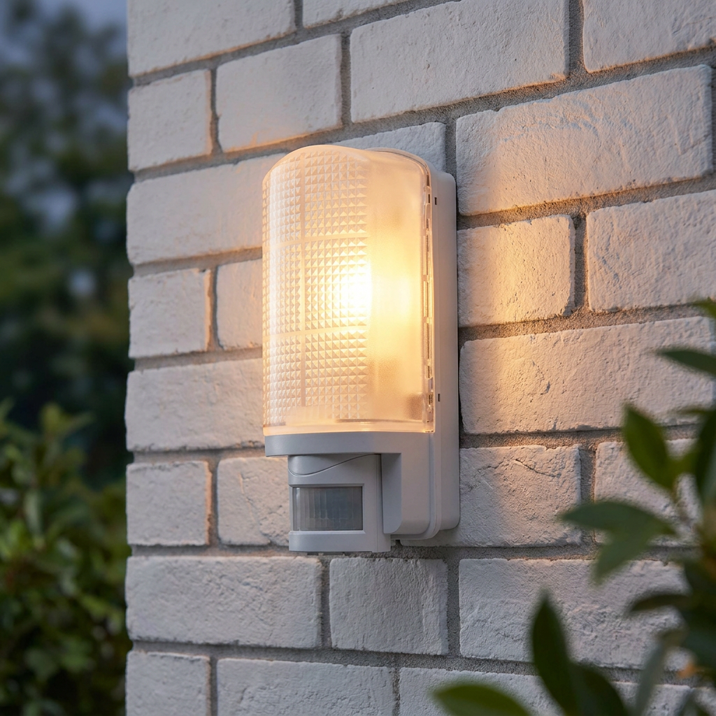 Illuminated white PIR outdoor wall light with a textured diffuser mounted on a white brick exterior.