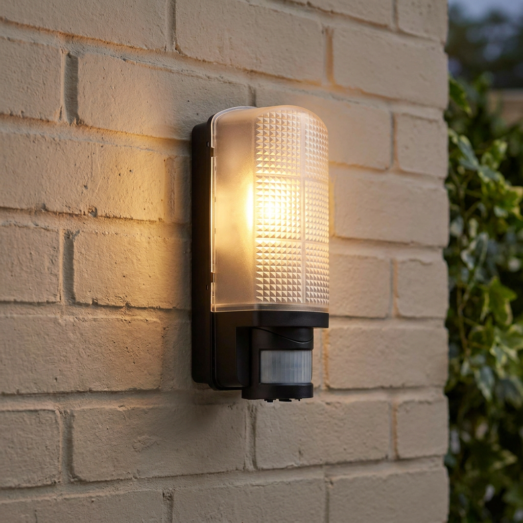 Black motion-sensor outdoor wall light with a textured diffuser glowing on a light brick wall.
