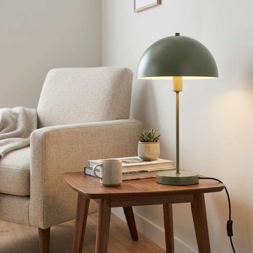 A lit matte green mushroom table lamp with a metal dome shade sits on a wooden side table next to a beige armchair.
