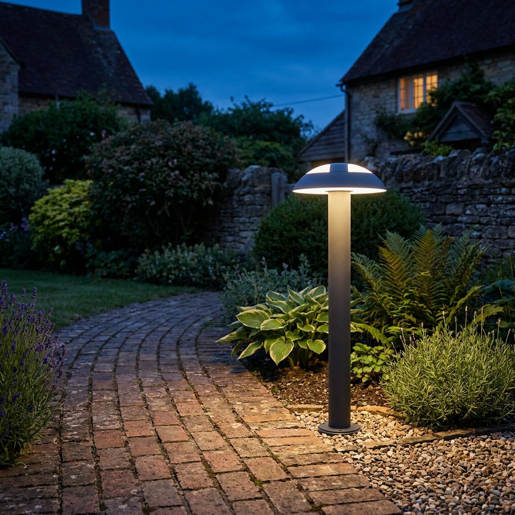 Grey mushroom-shaped LED bollard post illuminating a brick garden path at twilight.