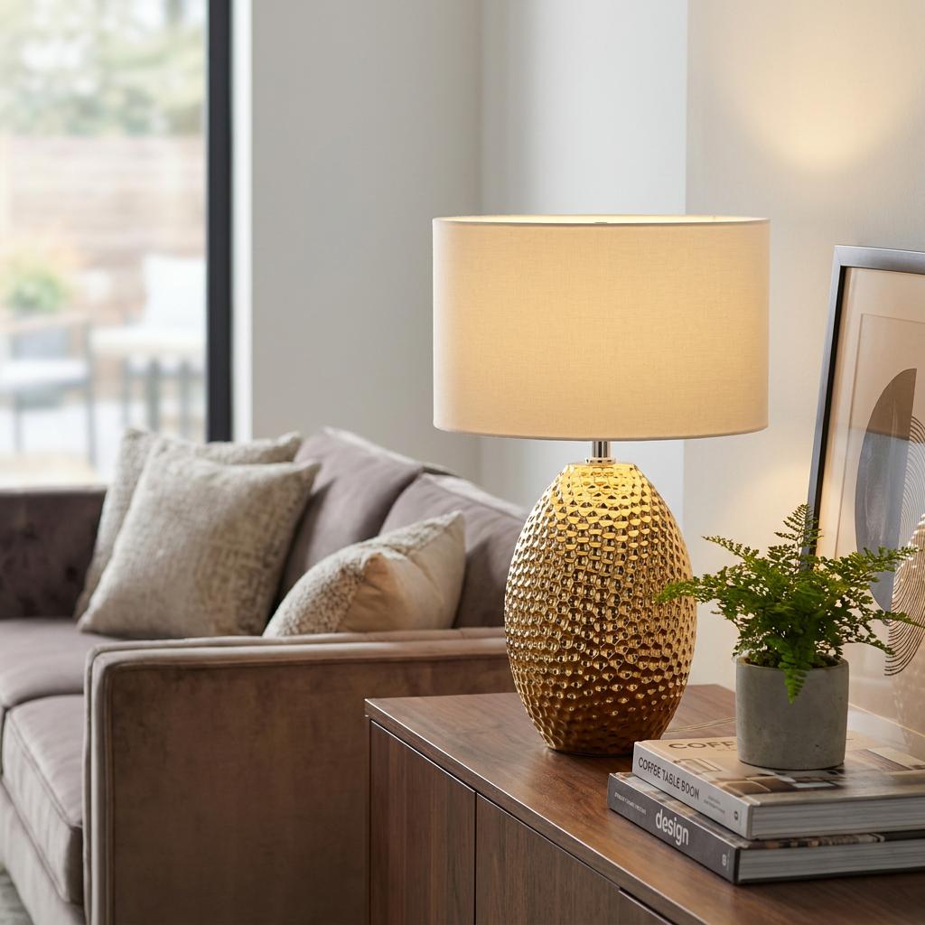A Nadine gold table lamp with a textured ceramic base illuminated on a wooden sideboard in a living room.