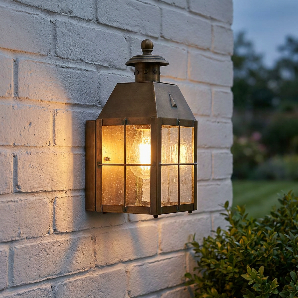 An extra small Nantucket brass outdoor wall lantern with seeded glass glowing on a white brick wall.