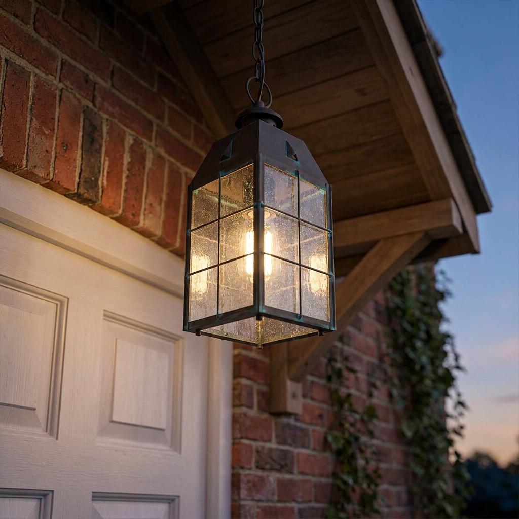 A brass outdoor chain lantern with seeded glass panels hanging from a porch roof of a brick house at twilight.