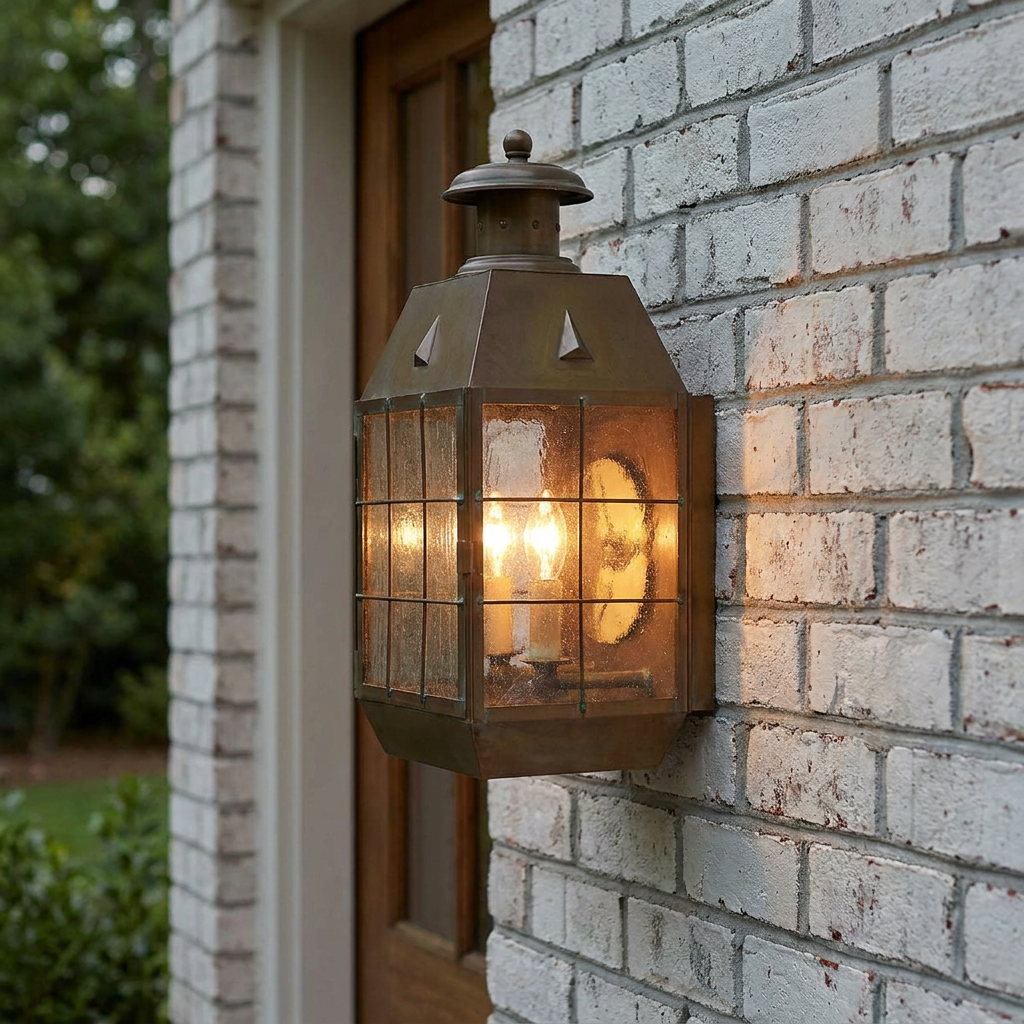 Large brass outdoor wall lantern with two glowing bulbs mounted on a white brick wall near a wooden door.