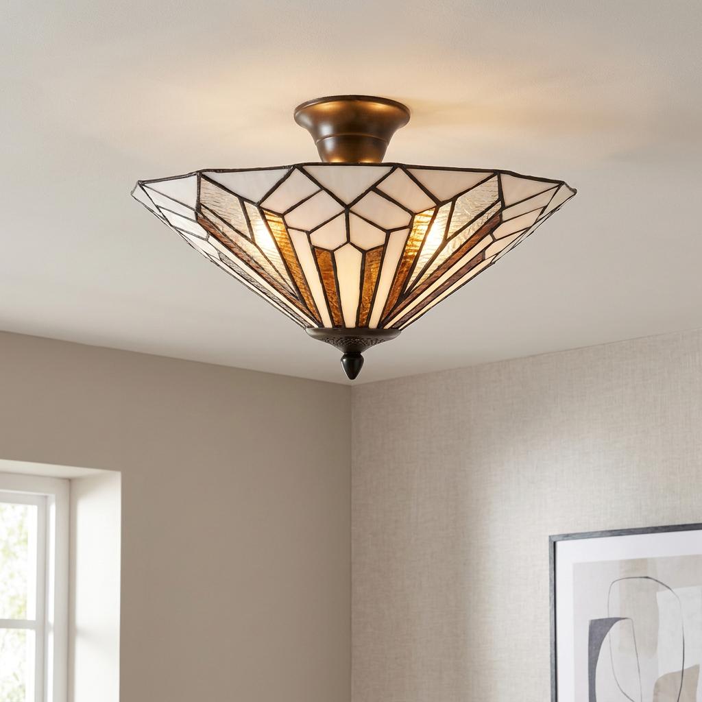 Art Deco Napier semi-flush Tiffany ceiling light featuring a geometric stained glass shade in white and amber.