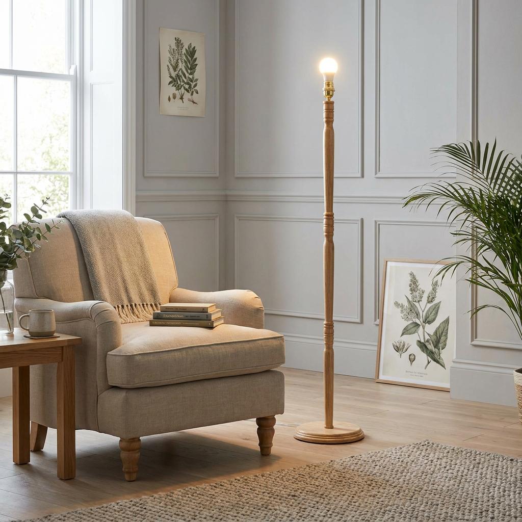 Natural finish wooden floor lamp with a glowing bulb standing next to a cozy armchair in a light-filled living room.