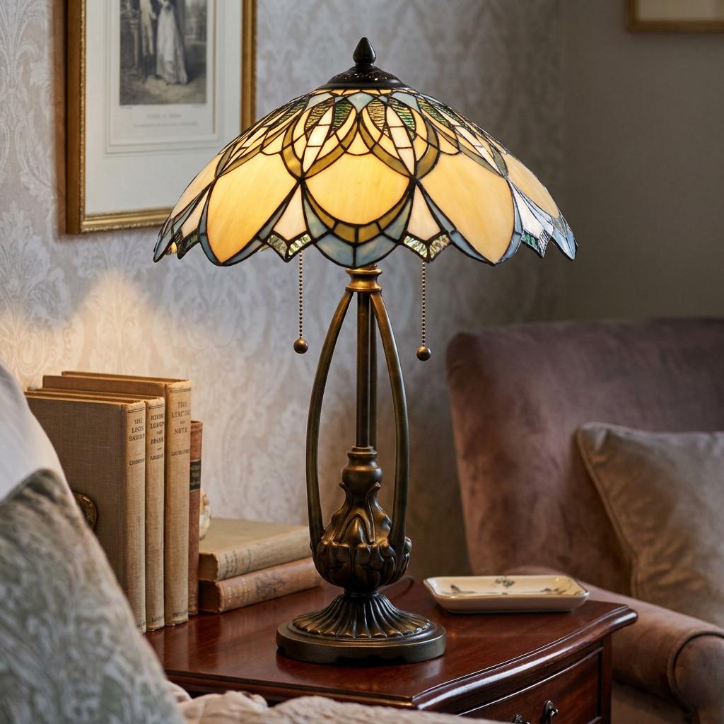 Newark Tiffany table lamp with an ornate stained glass shade on a dark wood side table.