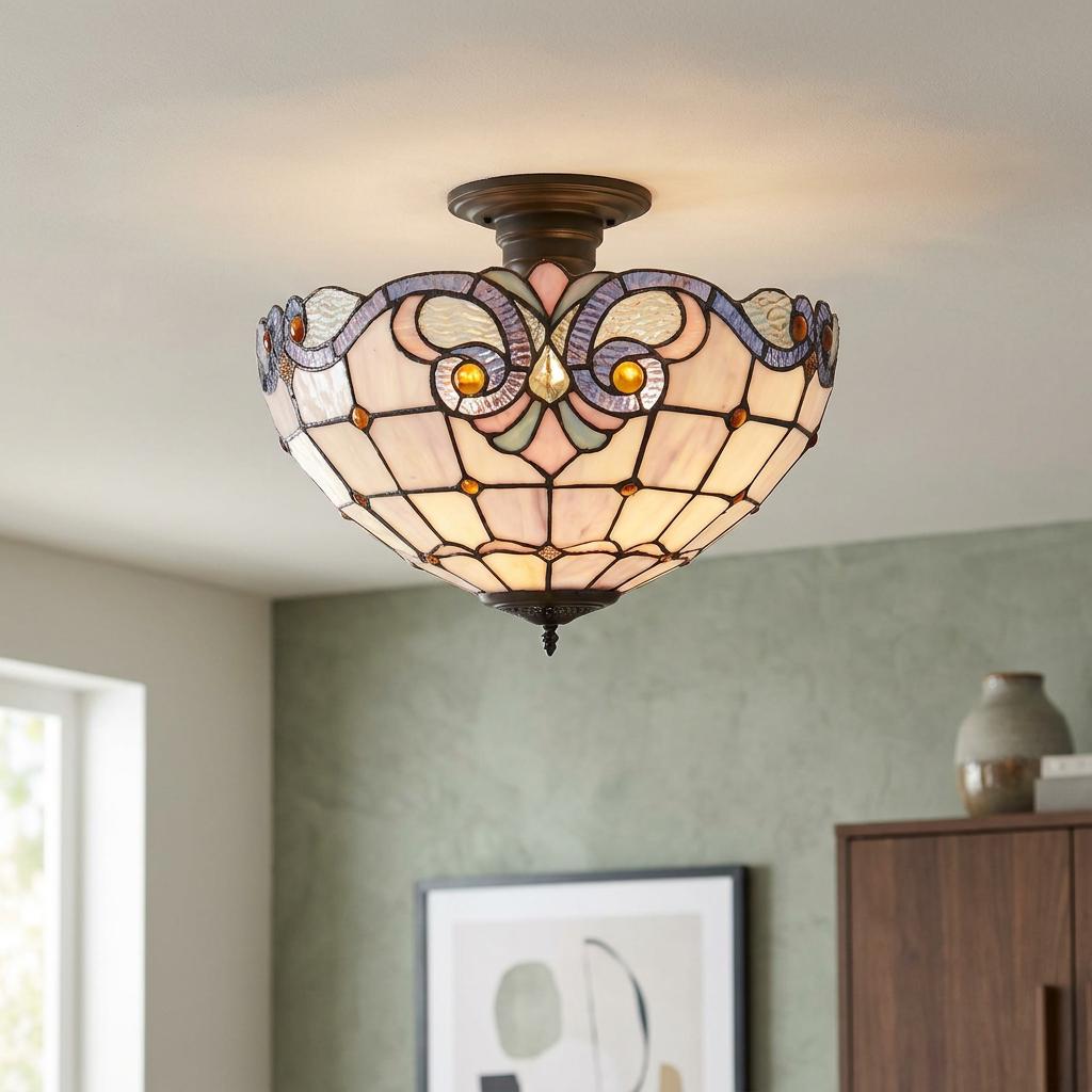 Newcastle semi-flush Tiffany ceiling light with a purple and cream stained glass shade, mounted in a modern living room.