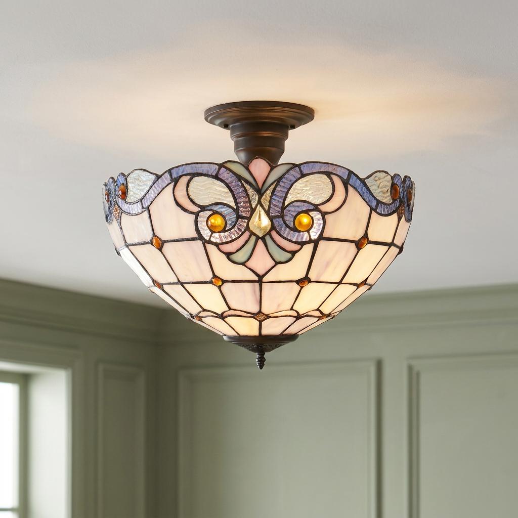 Newcastle Semi Flush Tiffany Ceiling Light featuring pastel stained glass and amber jewels in a green paneled room.