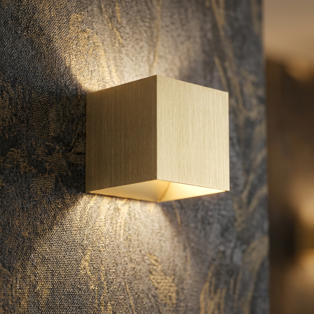 A cubic anodised gold wall light casting up and down light against a dark textured wallpaper.