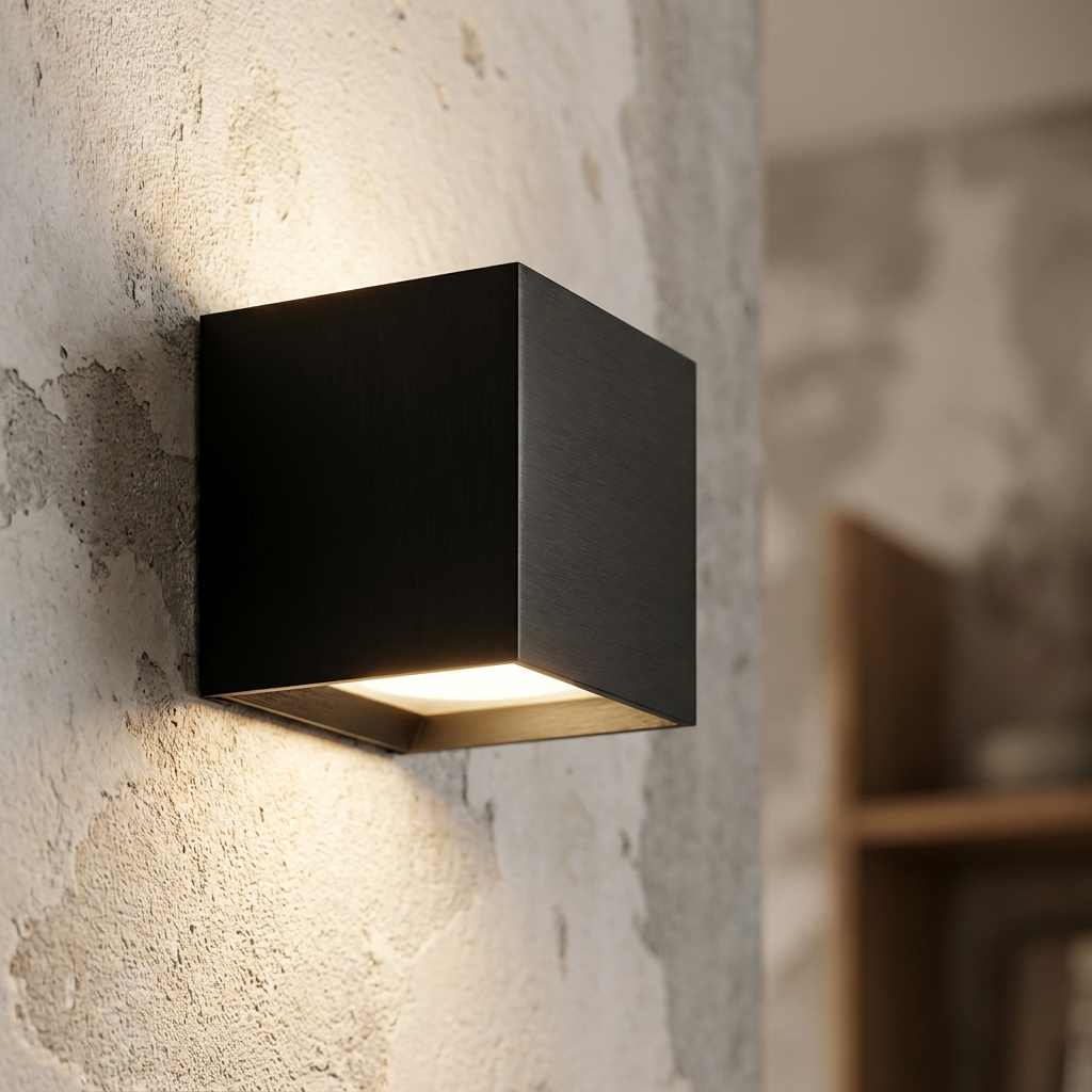 A sand black square wall light emitting a warm glow up and down on a textured concrete wall.