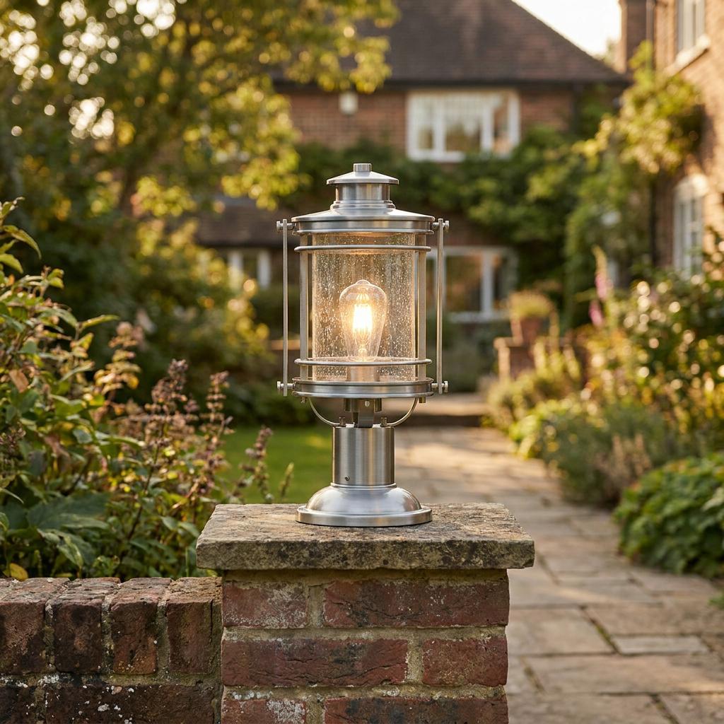 Nickel lantern pillar light with seeded glass and glowing bulb on a brick wall in a garden setting.