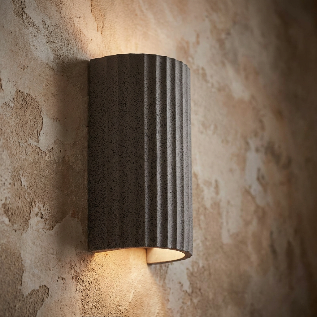 Ridged black sandstone wall light casting a warm up and down glow on a rustic, textured wall.