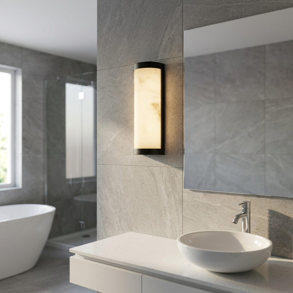 A glowing matt black and marble LED wall light mounted on a grey tiled bathroom wall next to a mirror.