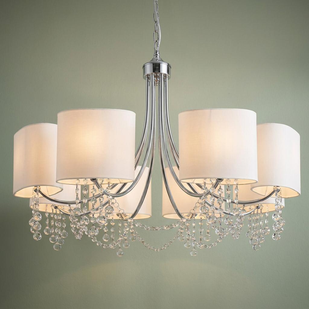 Nina 8-light chrome chandelier with white drum shades and crystal bead droplets.