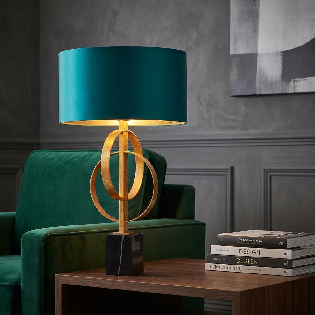Gold table lamp with interlocking rings and a teal shade on a side table next to a green velvet armchair.