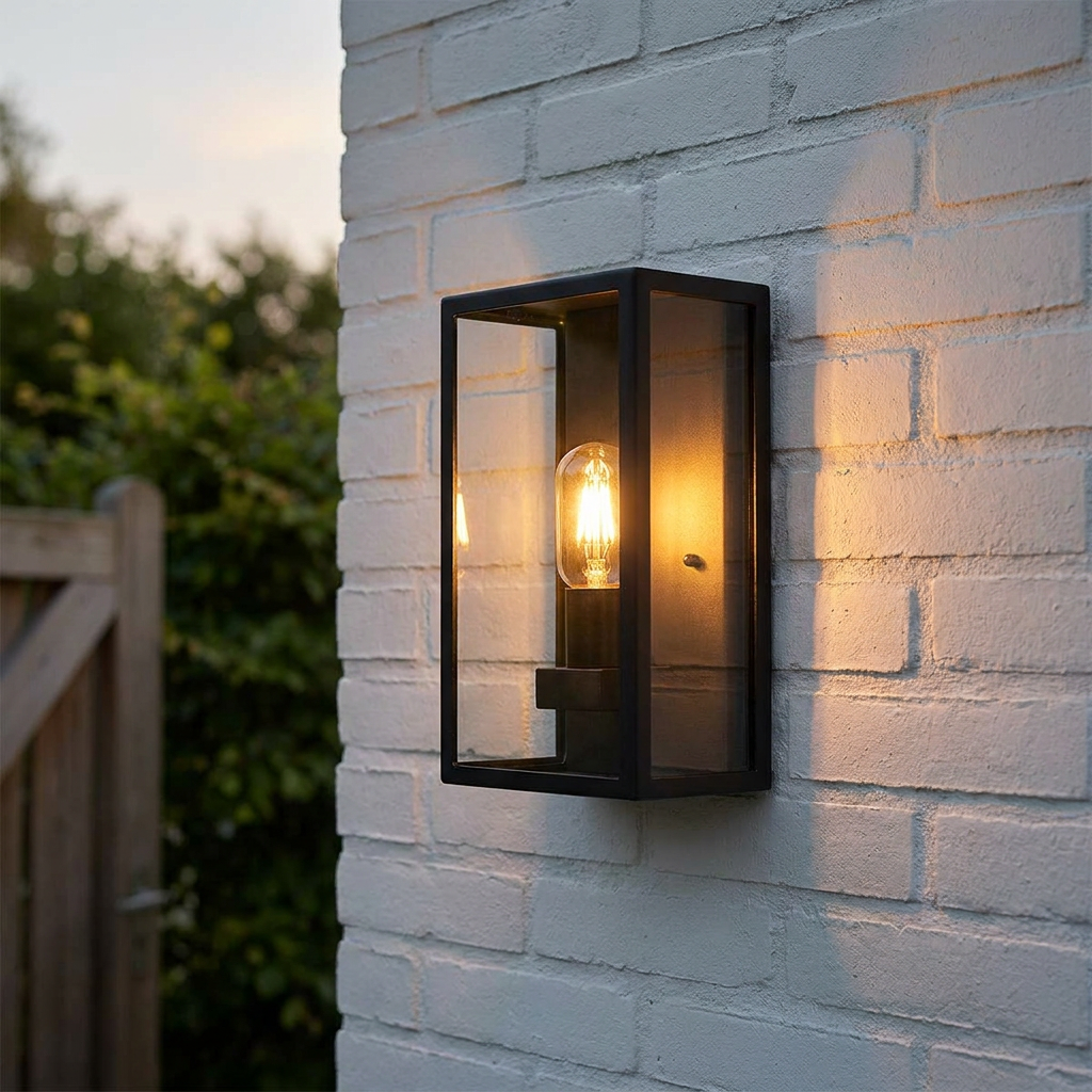 A black rectangular outdoor wall lantern with a glowing filament bulb, mounted on a white brick wall.
