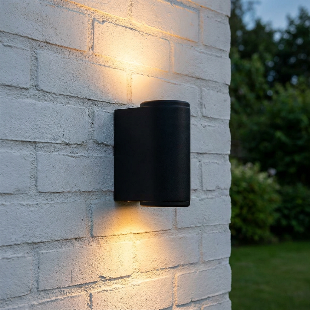 A black Norlys Mandal up and down outdoor wall light casting a warm glow onto a white brick wall.
