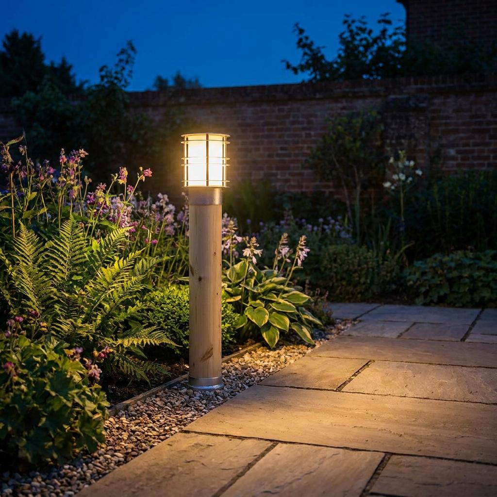 Norlys Stockholm bollard light with a wooden post and galvanized cage glowing in a lush night garden.