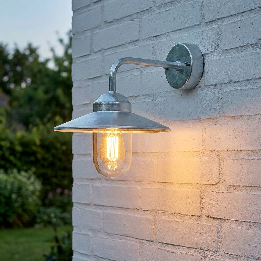 Norlys Vansbro galvanized outdoor wall light with a clear glass jar glowing on a white brick wall.