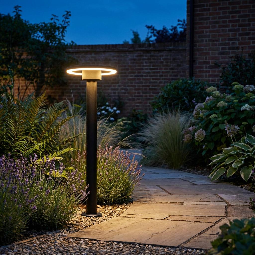 Black round-headed LED bollard light illuminating a stone garden path at twilight surrounded by plants.