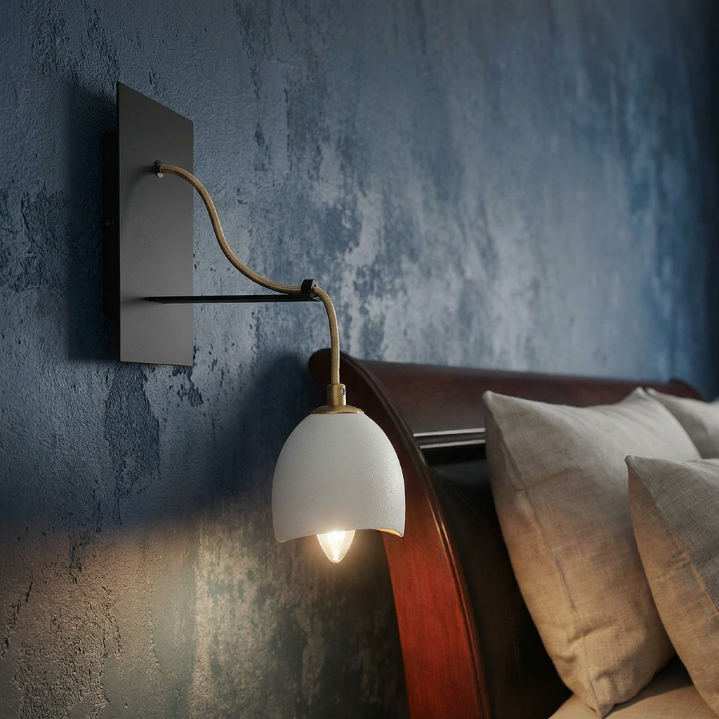 Modern Nula wall light with a white bell shade and gold arm mounted on a blue textured wall next to a bed.
