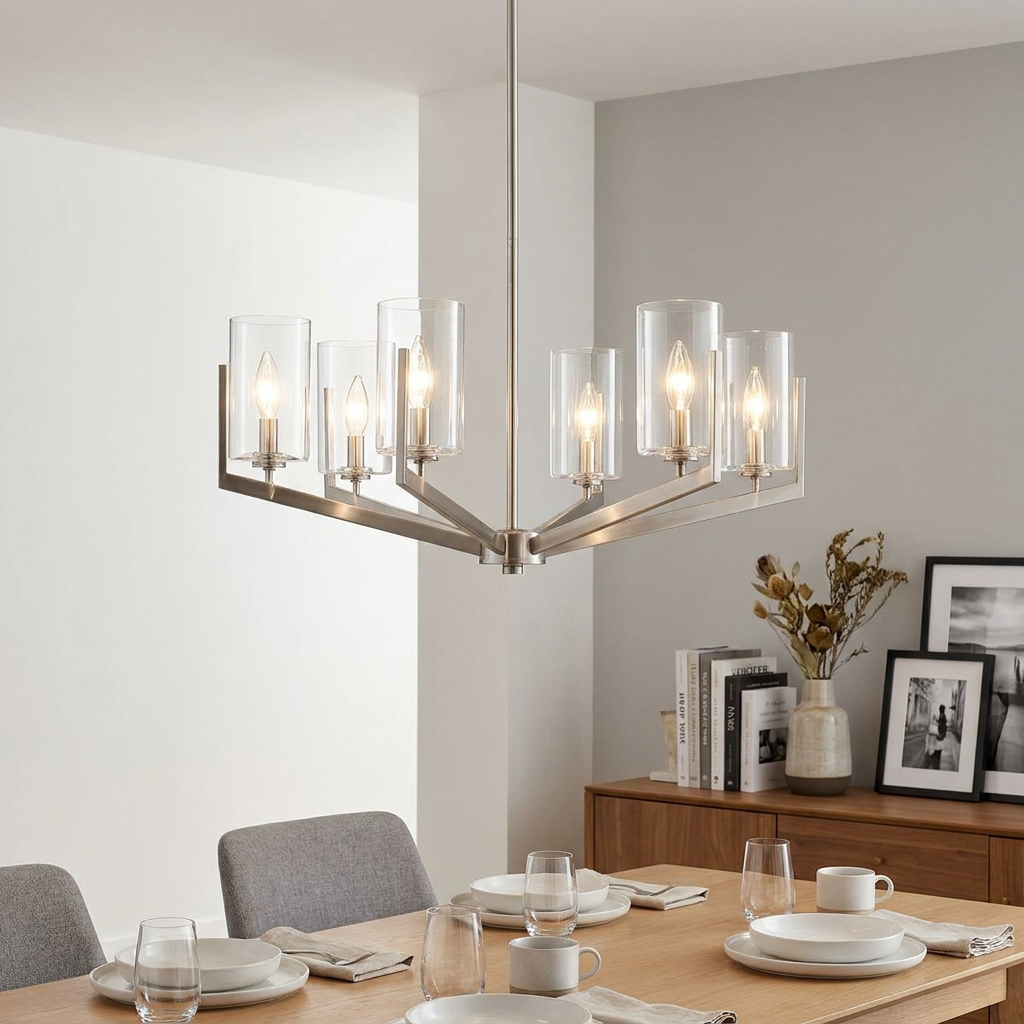 Nye 6 light pewter chandelier with glass cylinder shades hanging above a set dining table.