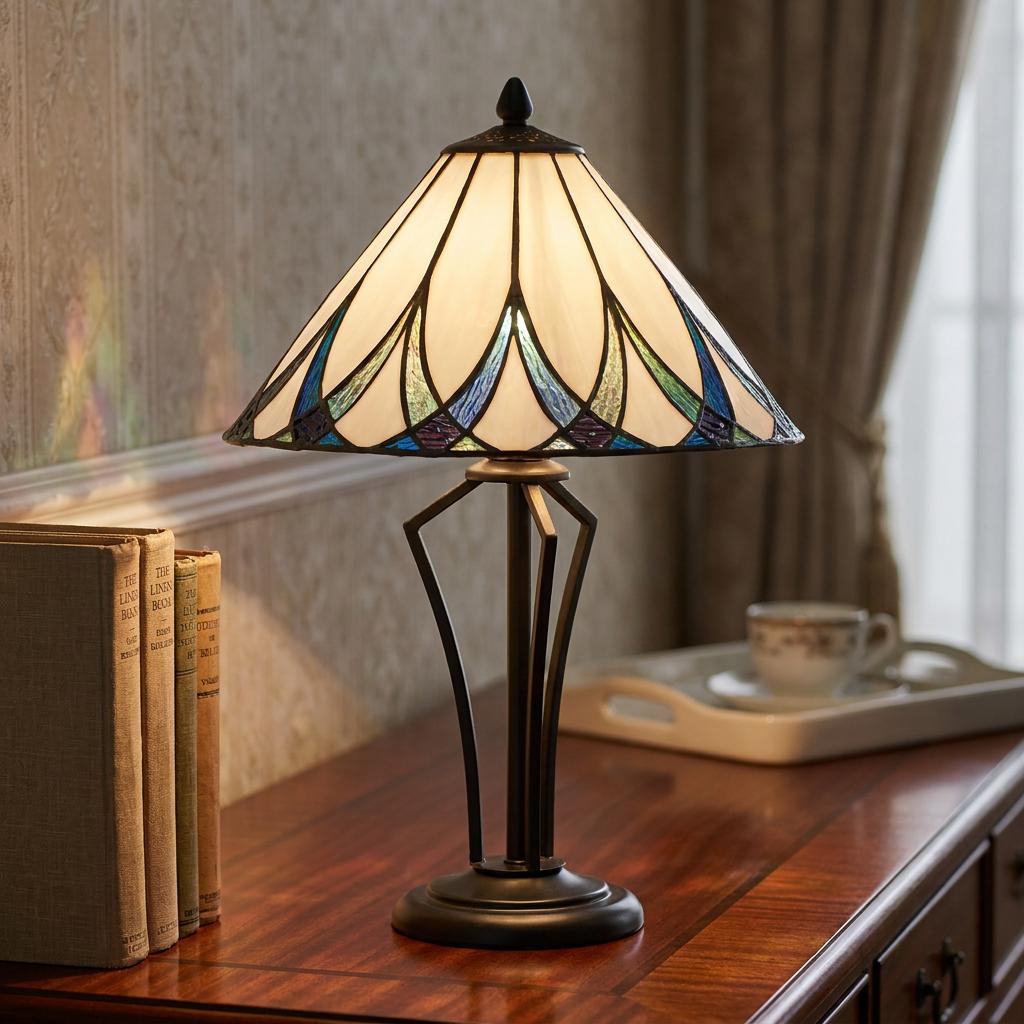 Oaks Allanton Tiffany table lamp with a cream and blue scalloped glass shade on a wooden desk next to books.