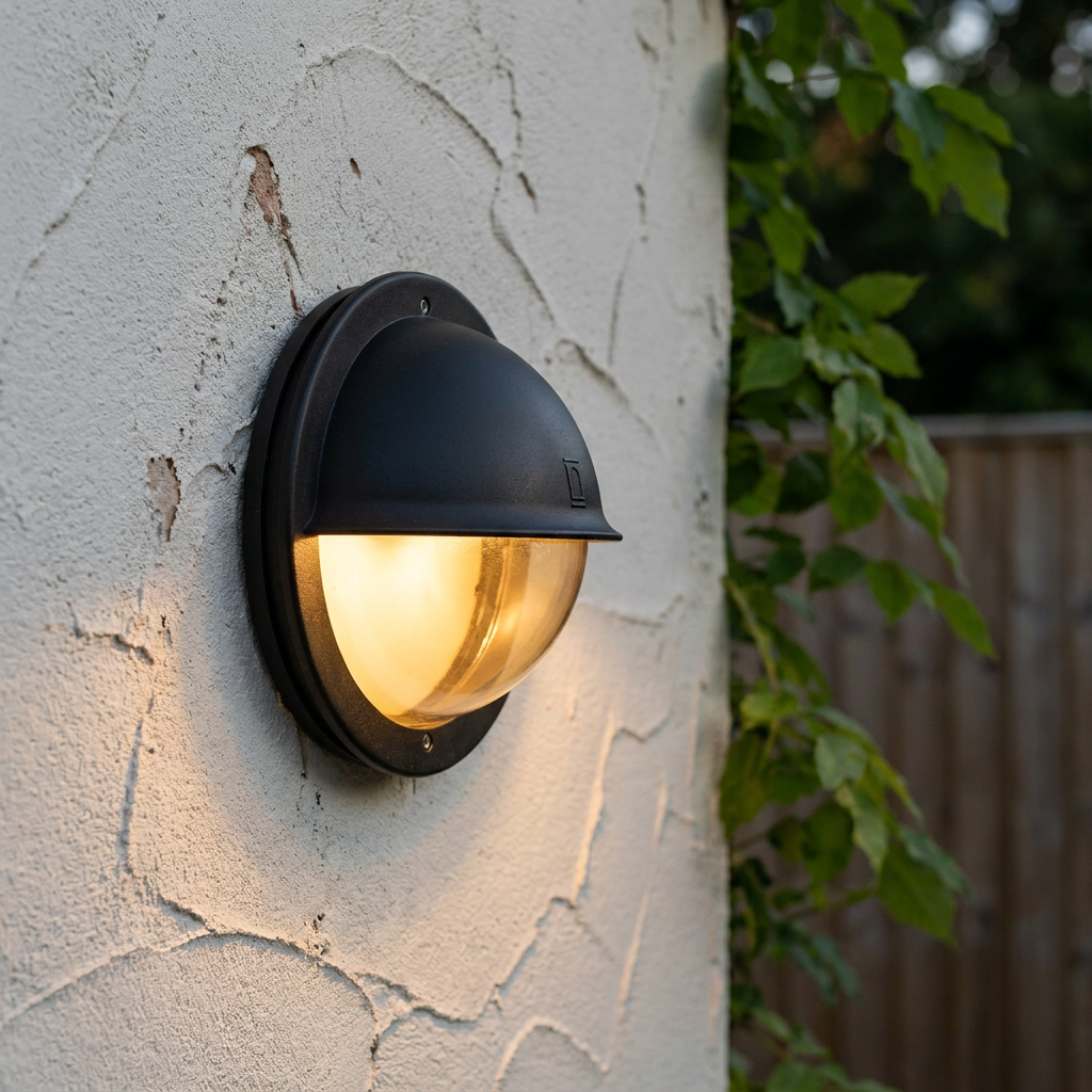 Black hooded outdoor wall light with a warm glow mounted on a textured white wall next to green climbing leaves.