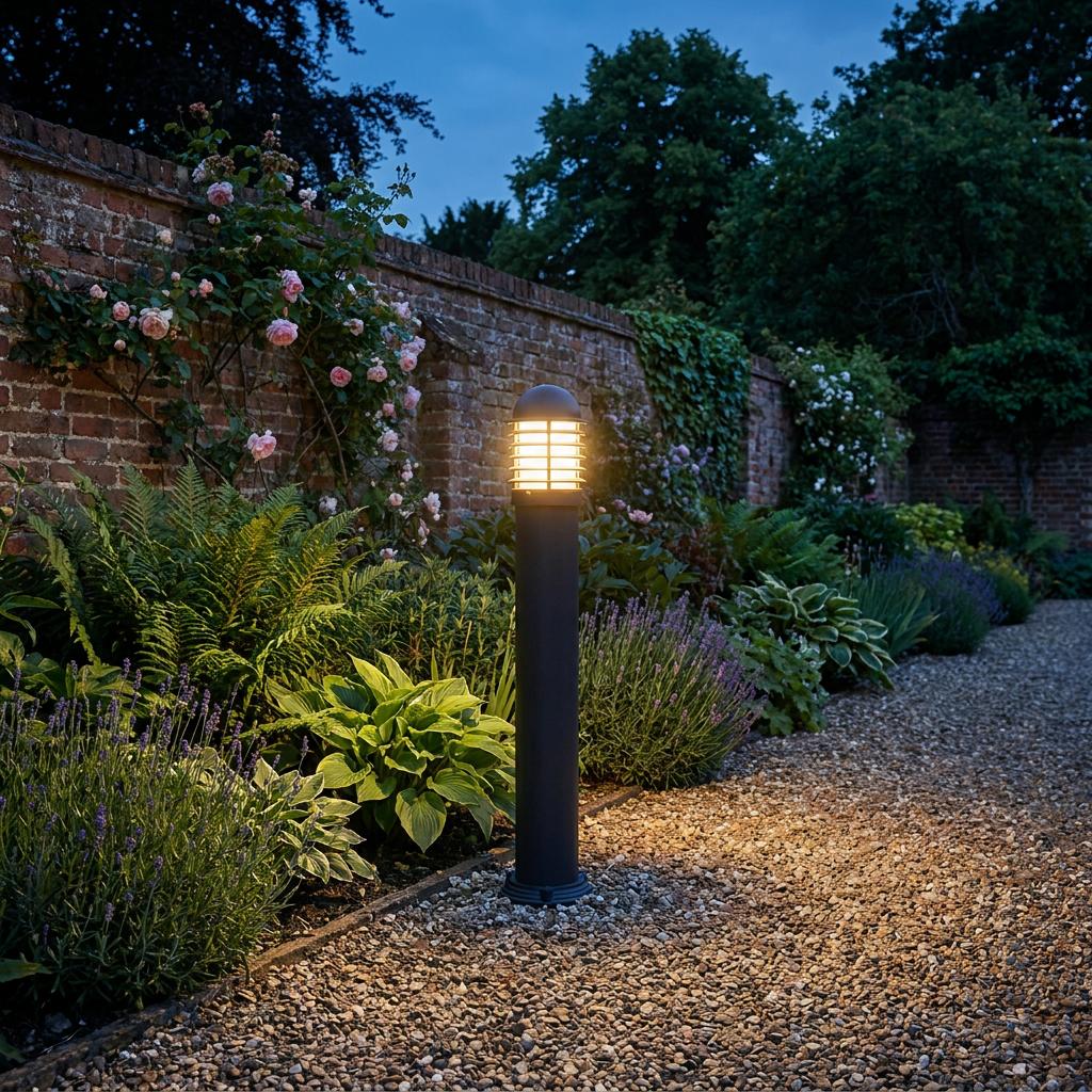 Black outdoor bollard light illuminating a lush garden border and gravel path at dusk.