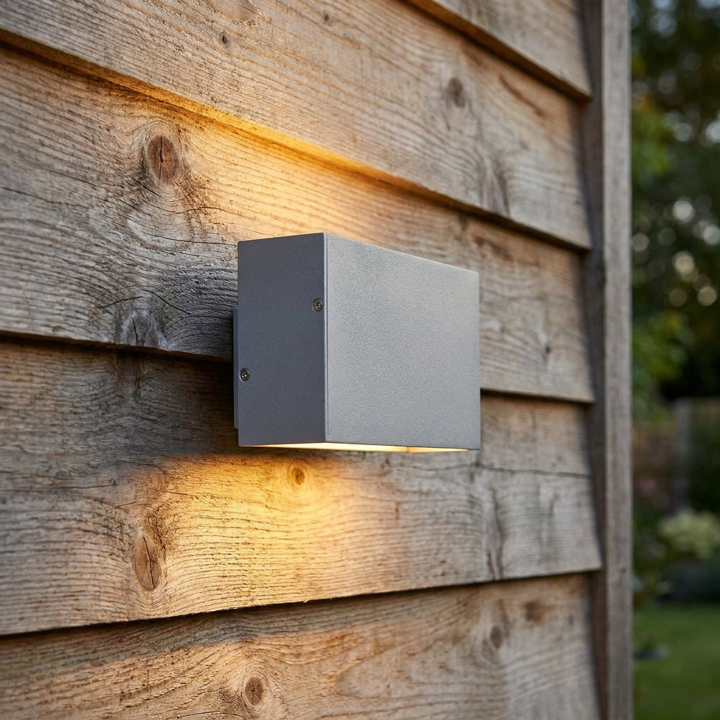 Silver-grey rectangular LED wall light on a wooden exterior wall, emitting a warm up and down glow.