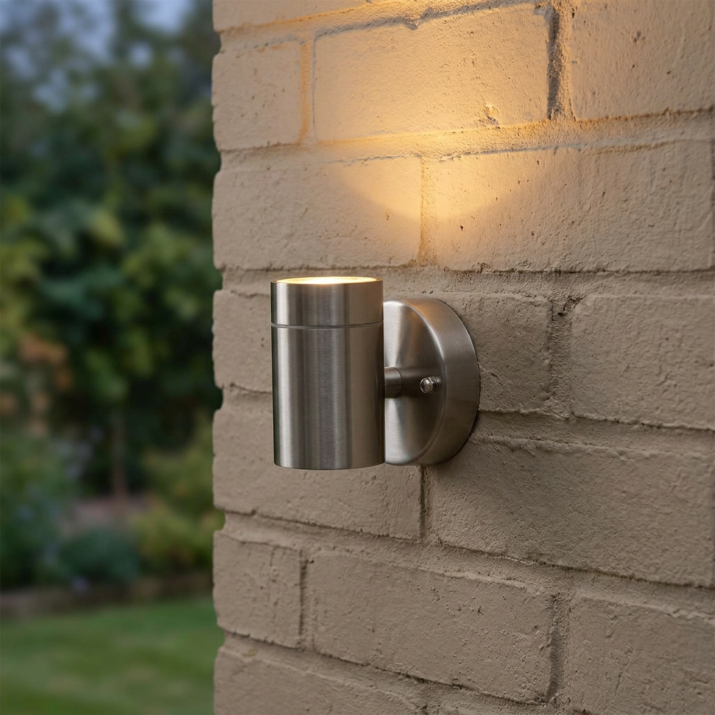 Stainless steel cylindrical outdoor wall light casting a warm glow upwards on a brick wall.