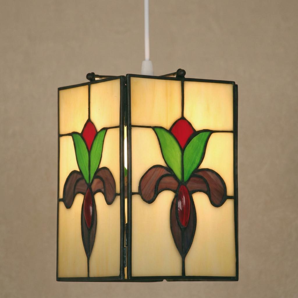 Square Tiffany easy fit ceiling lamp shade with floral stained glass hanging against a plain wall.