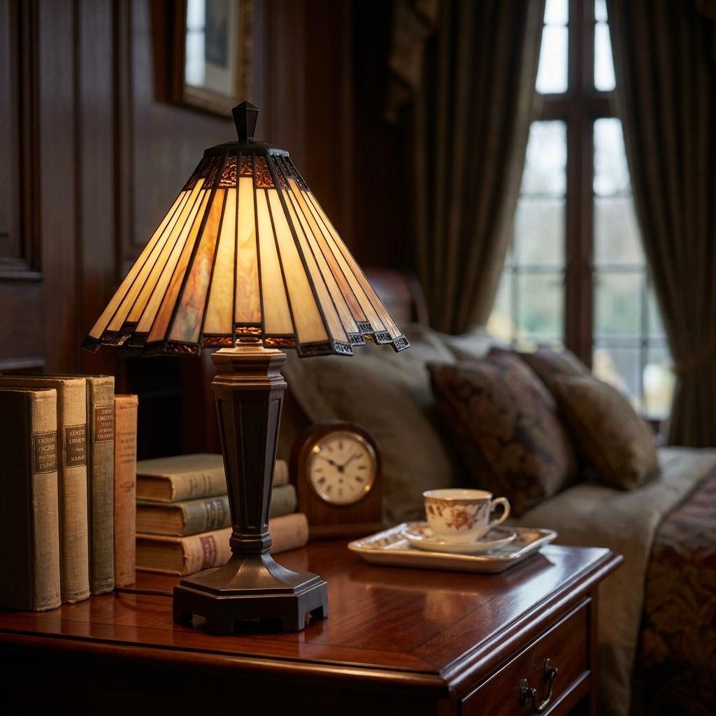 Oaks Feste Tiffany table lamp with a geometric shade on a dark wooden nightstand next to vintage books.