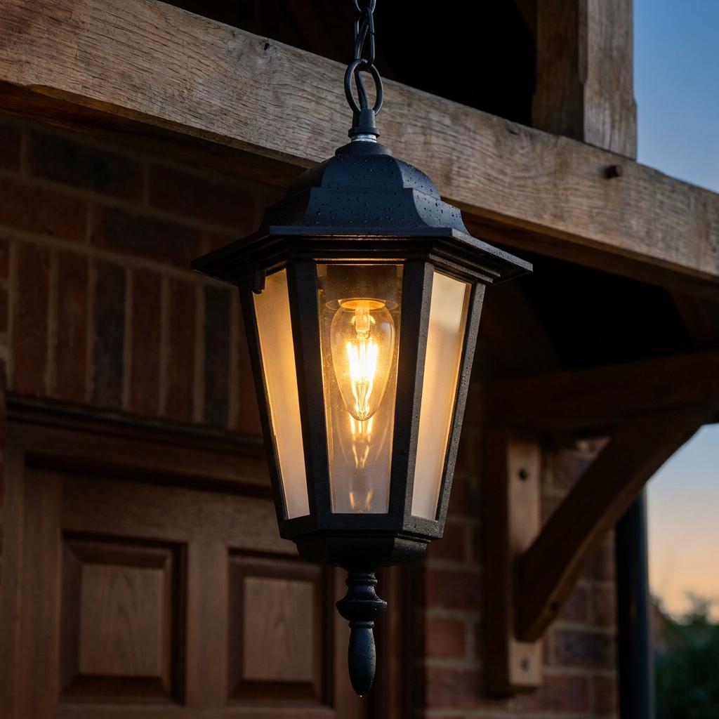 Oaks Haxby black lantern pendant light hanging from a timber beam, illuminated with a warm filament bulb.