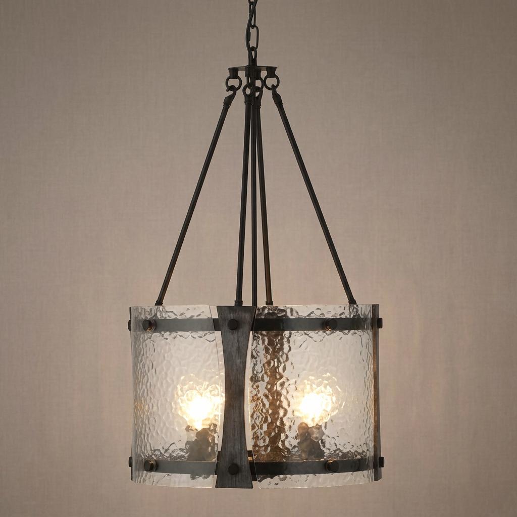 Oaks Inger 4-light black ceiling pendant with a cylindrical hammered glass shade and industrial metal frame.