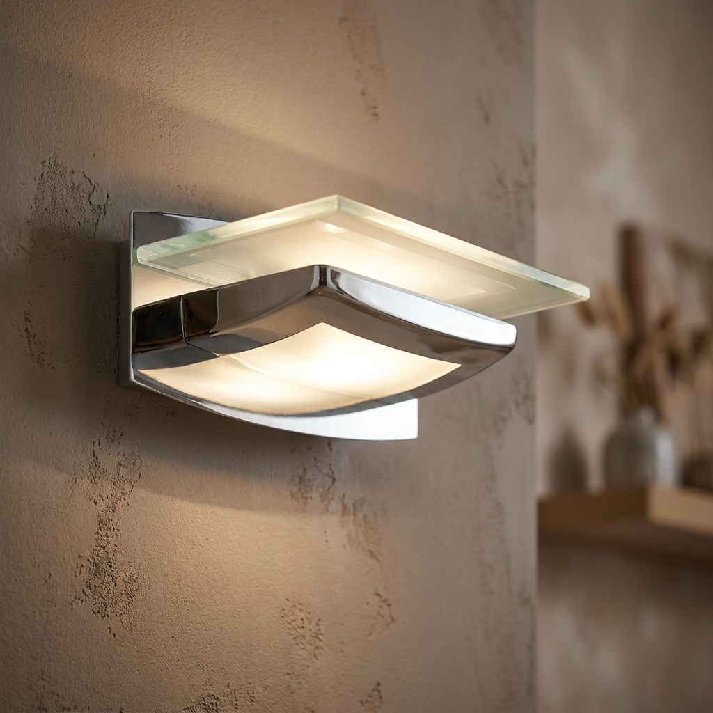Contemporary chrome wall light with a frosted glass panel glowing against a textured neutral wall.