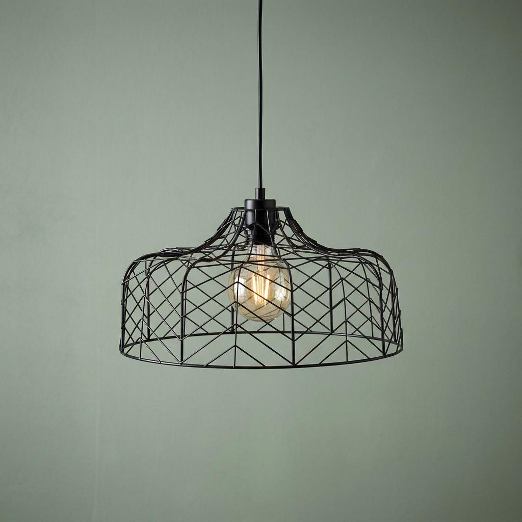 Black metalwork pendant light with a geometric wireframe shade and a glowing Edison bulb against a green wall.