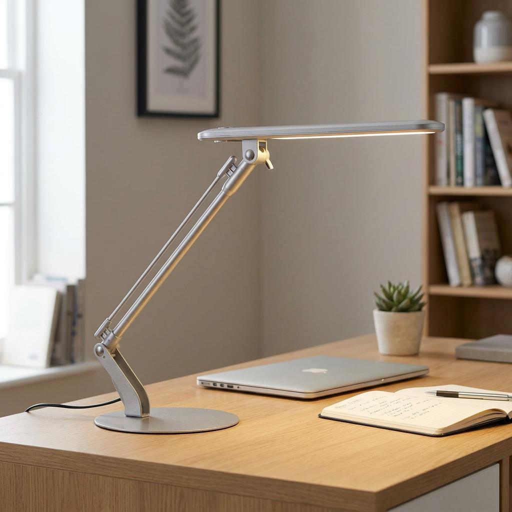 Silver adjustable LED desk lamp illuminating a wooden office desk with a laptop and notebook.