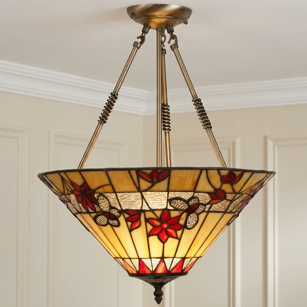Tiffany-style pendant light with a butterfly and red flower motif on an inverted cream glass shade.