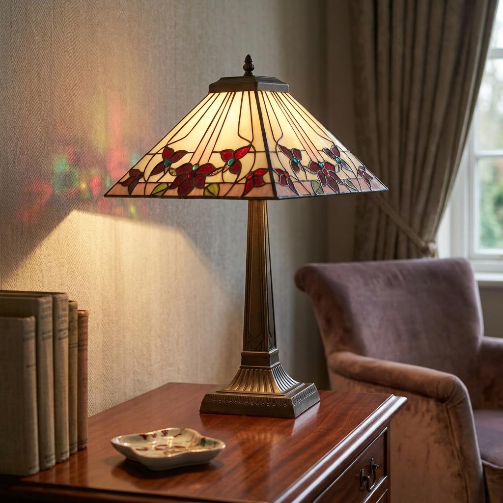 Tiffany table lamp with red floral stained glass shade glowing on a wooden desk beside books in a living room.