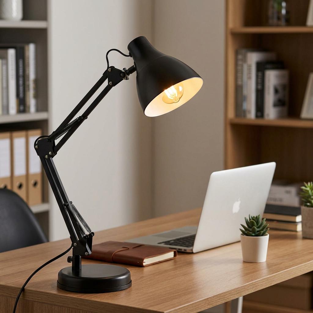 Adjustable black desk lamp with a warm glowing light on a wooden office desk next to a laptop.