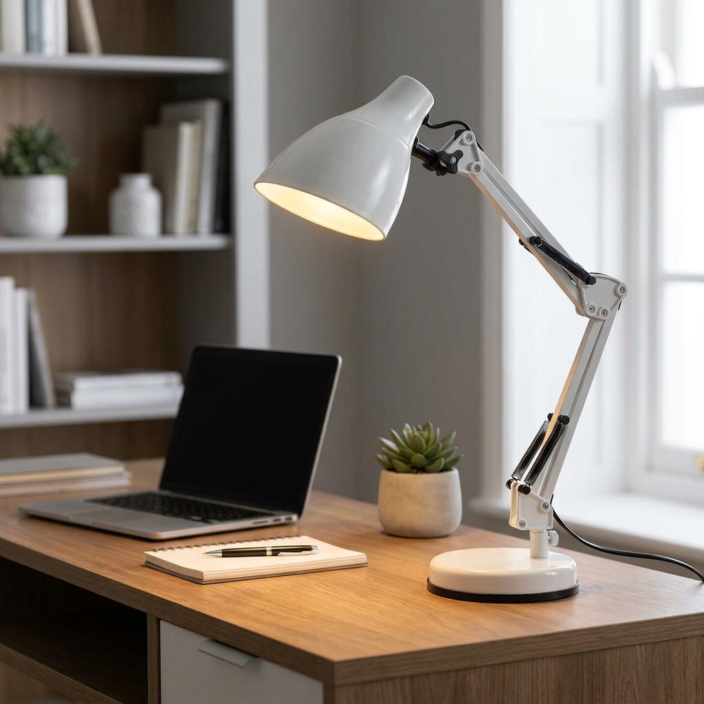 A white adjustable desk lamp illuminating a wooden desk with a laptop and notebook in a bright home office.