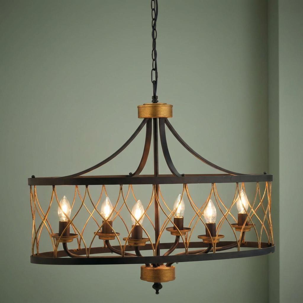 Black and gold six-light oval pendant chandelier with decorative lattice wire cage and candle-style bulbs.