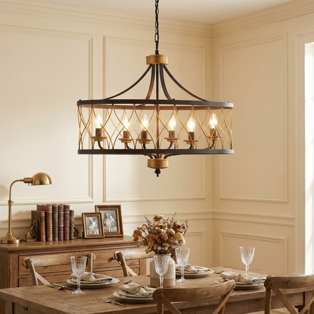 Oaks Lighting Elvar 6-light black and gold pendant hanging over a set wooden dining table in a classic room.