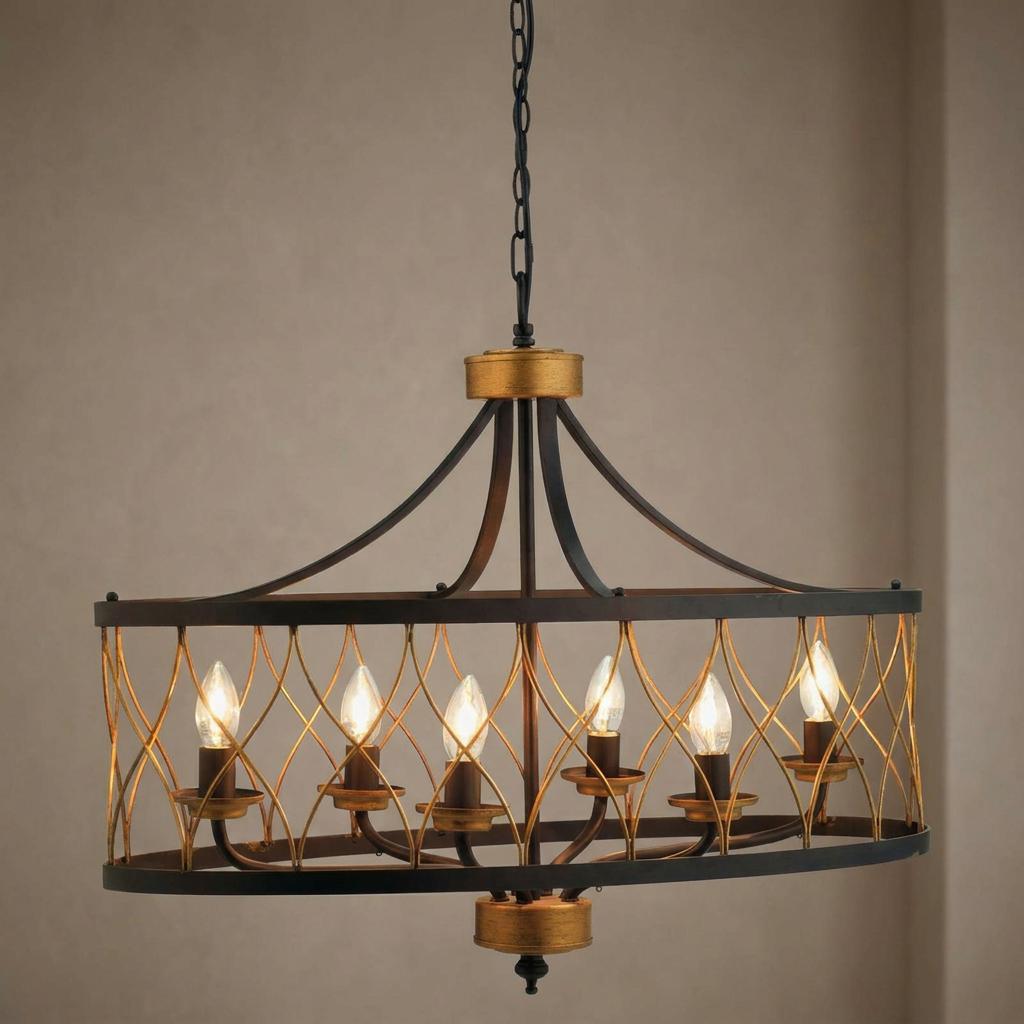 Oaks Lighting Elvar 6-light ceiling pendant featuring a black frame and gold lattice cage with candle bulbs.