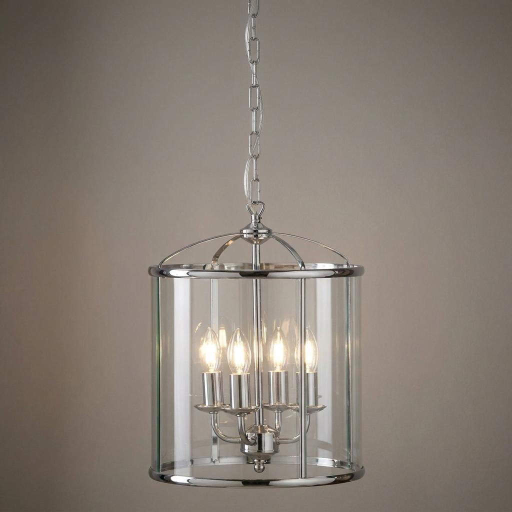 Chrome 4-light cylindrical glass lantern with candle bulbs hanging from a chain.
