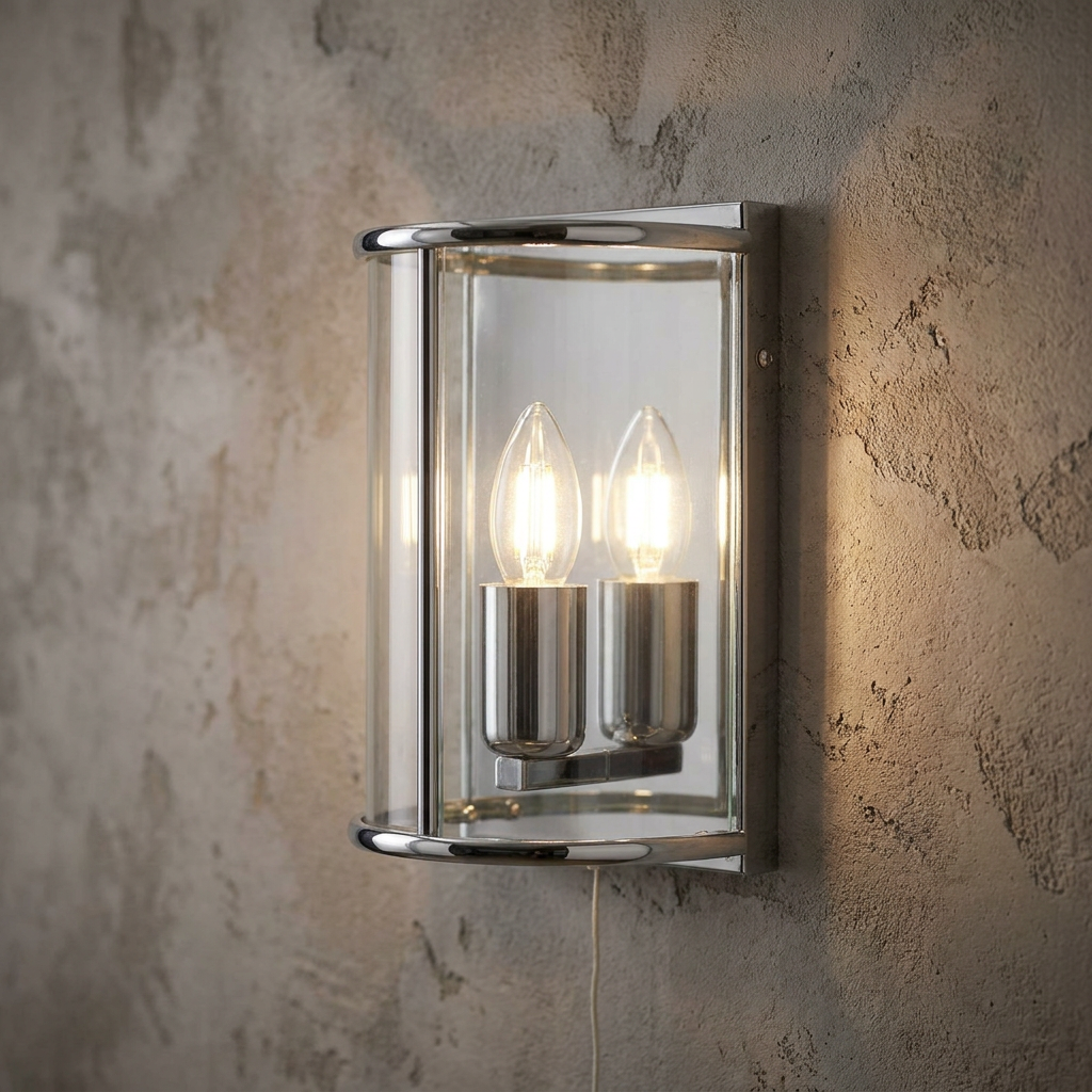 Chrome wall light with curved glass and an illuminated candle bulb, mounted on a textured concrete wall.