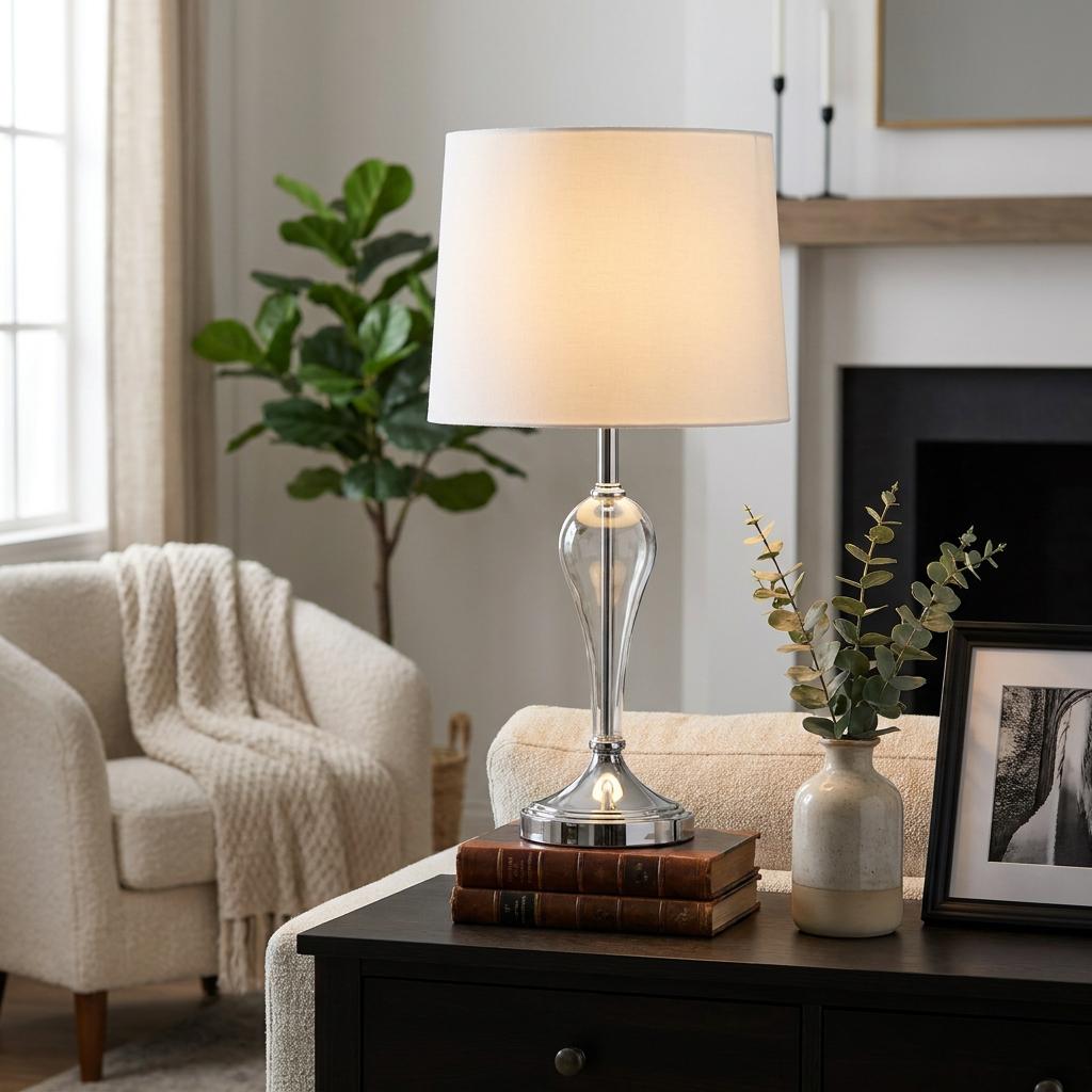 Modern chrome and clear glass table lamp with a white drum shade lit on a dark wooden side table.