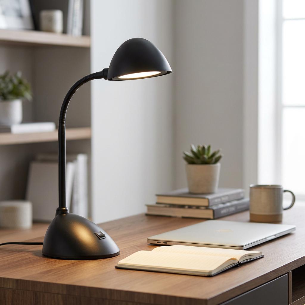 Black LED desk lamp with an adjustable gooseneck illuminating a notebook on a wooden office desk.